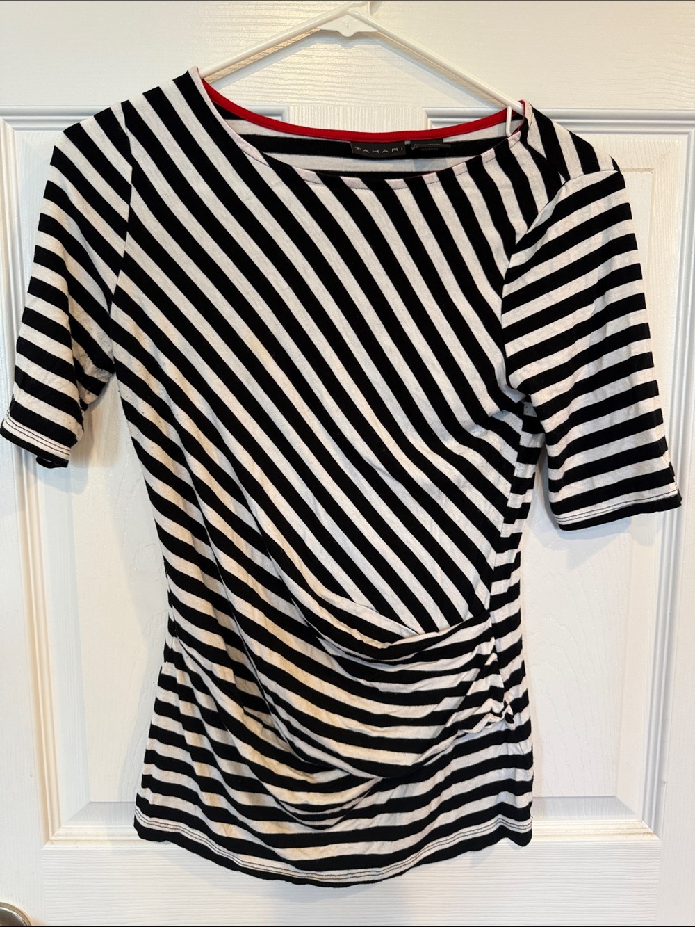 Tahari Black and White Striped Short Sleeve Tee